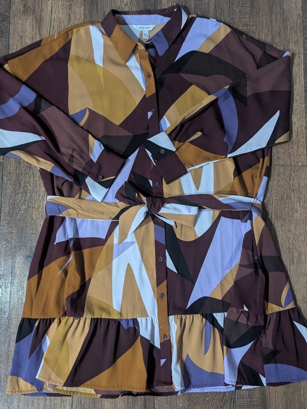 Nine West Womens Maddie Plum Geometric Ruffle Hem Mini Dress w/ Waist Tye Sz XXL